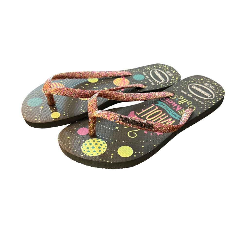 Havaianas Flip Flops Kids 3/4Y Black Space Glitter Sandals Universe Summer Beach
